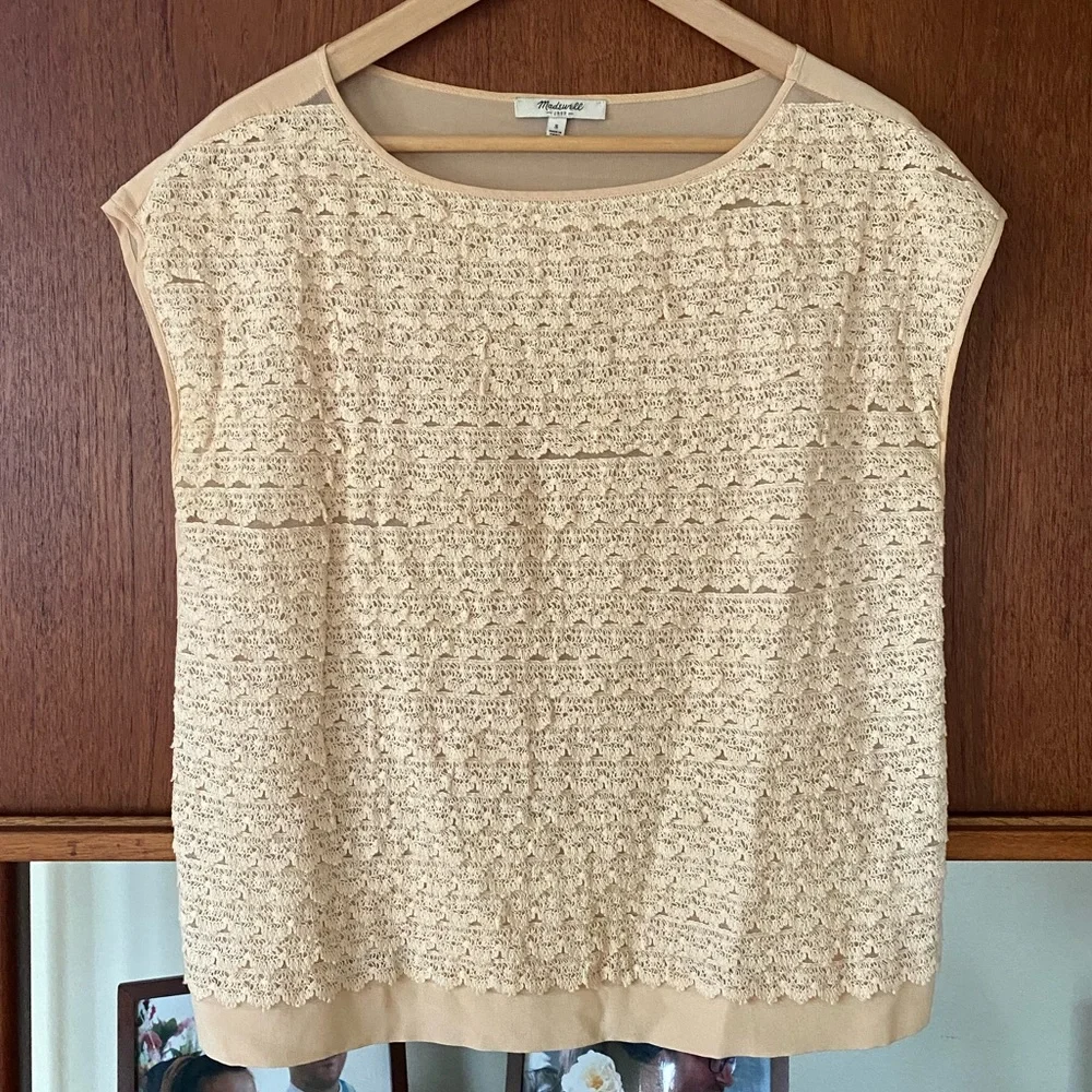 Madewell silk lace capped sleeve eggshell color blouse - Picture 1 of 10